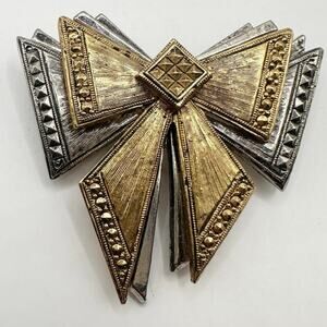 Avon Vintage Bow Pin 1995 Stylepoints Silver Goldtone Art Deco Holiday Brooch